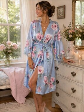 Satin Floral Robe Blue Pink Romantic Cottagecore‎ Kimono Lounge Bridal L/XL